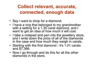 Collect relevant, accurate,
connected, enough data
• Say I want to shop for a diamond.
• I have a ring that belonged to my grandmother
with a setting for a 1.35 carat diamond, and I
want to get an idea of how much it will cost.
• I take a notepad and pen into the jewellery store,
and I write down the price of all of the diamonds
in the case and how much they weigh in carats.
• Starting with the first diamond - it's 1.01 carats
and $7,366.
• Now I go through and do this for all the other
diamonds in the store.
 