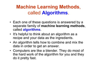 Machine Learning Methods,
called Algorithms.
• Each one of these questions is answered by a
separate family of machine learning methods,
called algorithms.
• It's helpful to think about an algorithm as a
recipe and your data as the ingredients.
• An algorithm tells how to combine and mix the
data in order to get an answer.
• Computers are like a blender. They do most of
the hard work of the algorithm for you and they
do it pretty fast.
 