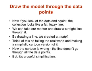 Draw the model through the data
points
• Now if you look at the dots and squint, the
collection looks like a fat, fuzzy line.
• We can take our marker and draw a straight line
through it.
• By drawing a line, we created a model.
• Think of this as taking the real world and making
a simplistic cartoon version of it.
• Now the cartoon is wrong - the line doesn't go
through all the data points.
• But, it's a useful simplification.
 