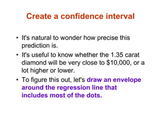 Create a confidence interval
• It's natural to wonder how precise this
prediction is.
• It's useful to know whether the 1.35 carat
diamond will be very close to $10,000, or a
lot higher or lower.
• To figure this out, let's draw an envelope
around the regression line that
includes most of the dots.
 