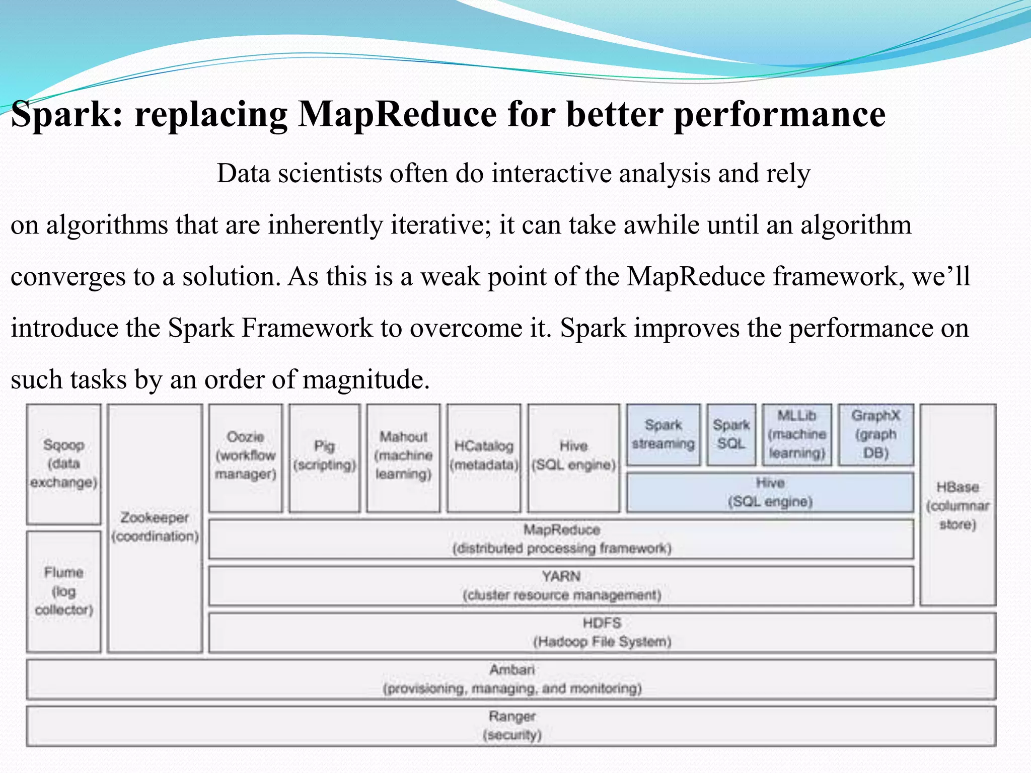 Spark: replacing MapReduce for better performance
Data scientists often do interactive analysis and rely
on algorithms that are inherently iterative; it can take awhile until an algorithm
converges to a solution. As this is a weak point of the MapReduce framework, we’ll
introduce the Spark Framework to overcome it. Spark improves the performance on
such tasks by an order of magnitude.
 