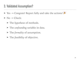3. Validated Assumption?
➤ Yes → Congrats! Report fully and take the actions! 🎉
➤ No → Check:
➤ The hypotheses of methods.
➤ The confounding variables in data.
➤ The formality of assumption.
➤ The feasibility of objective. 
26
 