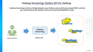 Hadoop Streaming: Python API for Hadoop
Hadoop
Streaming
Hadoop Streaming acts like a bridge between your Python code and the Java-based HDFS, and lets
you seamlessly access Hadoop clusters and execute MapReduce tasks.
Data Scientist Python API
 