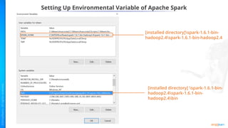Setting Up Environmental Variable of Apache Spark
[installed directory]spark-1.6.1-bin-
hadoop2.4spark-1.6.1-bin-hadoop2.4
[installed directory] spark-1.6.1-bin-
hadoop2.4spark-1.6.1-bin-
hadoop2.4bin
 