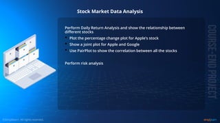 © Copyright 2015, Simplilearn. All rights reserved.
Stock Market Data Analysis
Perform Daily Return Analysis and show the relationship between
different stocks
• Plot the percentage change plot for Apple’s stock
• Show a joint plot for Apple and Google
• Use PairPlot to show the correlation between all the stocks
Perform risk analysis
 