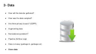 2- Data
● How will the data be gathered?
● How was the data sampled?
● Are there privacy issues? (GDPR)
● Augmenting data
● Nonstationary problem?
● Pipeline (Airflow, luigi)
● Data is messy (garbage in, garbage out)
● Store data
 