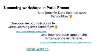 Upcoming workshops in Paris, France
contact@mlab.ai
http://atelierdeeplearning.com
https://atelierdecouverteintelligenceartificielle.com/
 