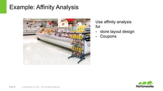 Page 26 © Hortonworks Inc. 2011 – 2014. All Rights Reserved
Example: Affinity Analysis
Use affinity analysis
for
-  store layout design
-  Coupons
 