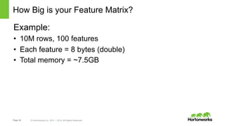 Page 43 © Hortonworks Inc. 2011 – 2014. All Rights Reserved
How Big is your Feature Matrix?
Example:
•  10M rows, 100 features
•  Each feature = 8 bytes (double)
•  Total memory = ~7.5GB
 