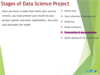 M Vishnuvardhan
Stages of Data Science Project
» Define Goal
» Data Collection & Management
» Modelling
» Model evaluation
» Presentation & documentation
» Model deployment & maintenance
Once you have a model that meets your success
criteria, you must present your results to your
project sponsor and other stakeholders. You must
also document the model
 