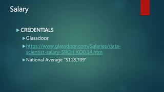 Salary
 CREDENTIALS
Glassdoor
https://www.glassdoor.com/Salaries/data-
scientist-salary-SRCH_KO0,14.htm
National Average “$118,709”
 