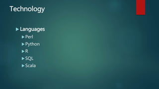 Technology
 Languages
Perl
Python
R
SQL
Scala
 