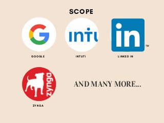 SCOPE
GOOGLE INTUTI LINKED IN
ZYNGA
AND MANY MORE...
 