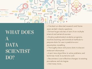 WHAT DOES
A 
DATA
SCIENTIST
DO?
> Conduct un-directed research and frame
open-ended industry questions
> Extract huge volumes of data from multiple
internal and external sources
> Employ sophisticated analytics programs,
machine learning and statistical methods to
prepare data for use in predictive and
prescriptive modelling
> Thoroughly clean and prune data to discard
irrelevant information
> Invent new algorithms to solve problems and
build new tools to automate work
> Recommend cost-effective changes to existing
procedures and strategies
> And many more...
 