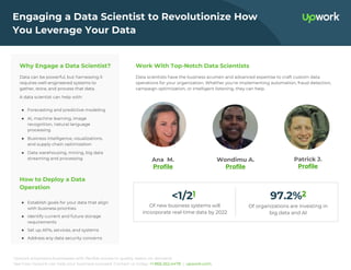 Upwork empowers businesses with flexible access to quality talent, on demand.
See how Upwork can help your business succeed. Contact us today: +1 866.262.4478 | upwork.com.
Engaging a Data Scientist to Revolutionize How
You Leverage Your Data
Why Engage a Data Scientist?
Data can be powerful, but harnessing it
requires well-engineered systems to
gather, store, and process that data.
A data scientist can help with:
● Forecasting and predictive modeling
● AI, machine learning, image
recognition, natural language
processing
● Business intelligence, visualizations,
and supply chain optimization
● Data warehousing, mining, big data
streaming and processing
How to Deploy a Data
Operation
● Establish goals for your data that align
with business priorities
● Identify current and future storage
requirements
● Set up APIs, services, and systems
● Address any data security concerns
Work With Top-Notch Data Scientists
Data scientists have the business acumen and advanced expertise to craft custom data
operations for your organization. Whether you’re implementing automation, fraud detection,
campaign optimization, or intelligent listening, they can help.
Ana M.
Profile
Wondimu A.
Profile
Of new business systems will
incorporate real-time data by 2022
<1/21
Of organizations are investing in
big data and AI
97.2%2
Patrick J.
Profile
 