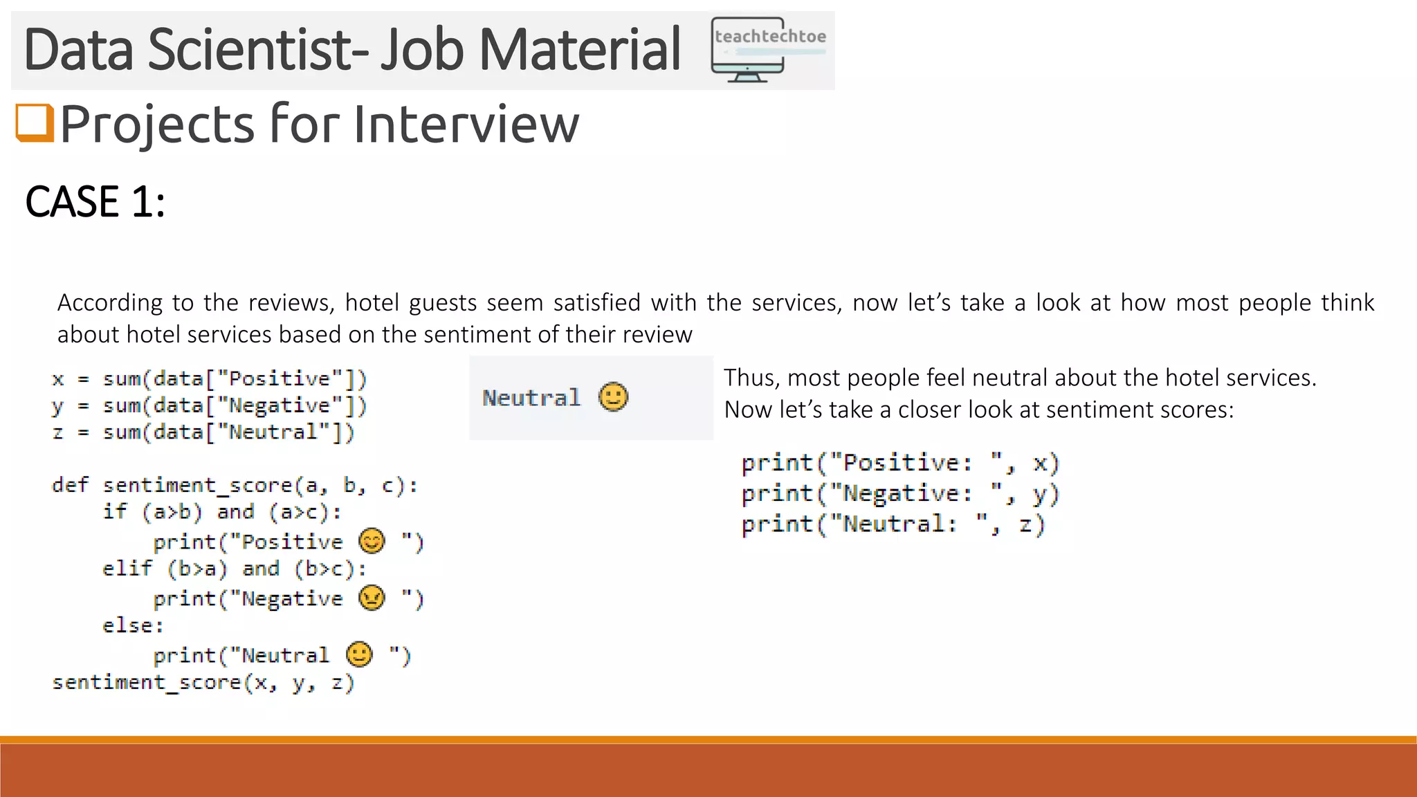 Projects for Interview
Data Scientist- Job Material
CASE 1:
According to the reviews, hotel guests seem satisfied with the services, now let’s take a look at how most people think
about hotel services based on the sentiment of their review
Thus, most people feel neutral about the hotel services.
Now let’s take a closer look at sentiment scores:
 