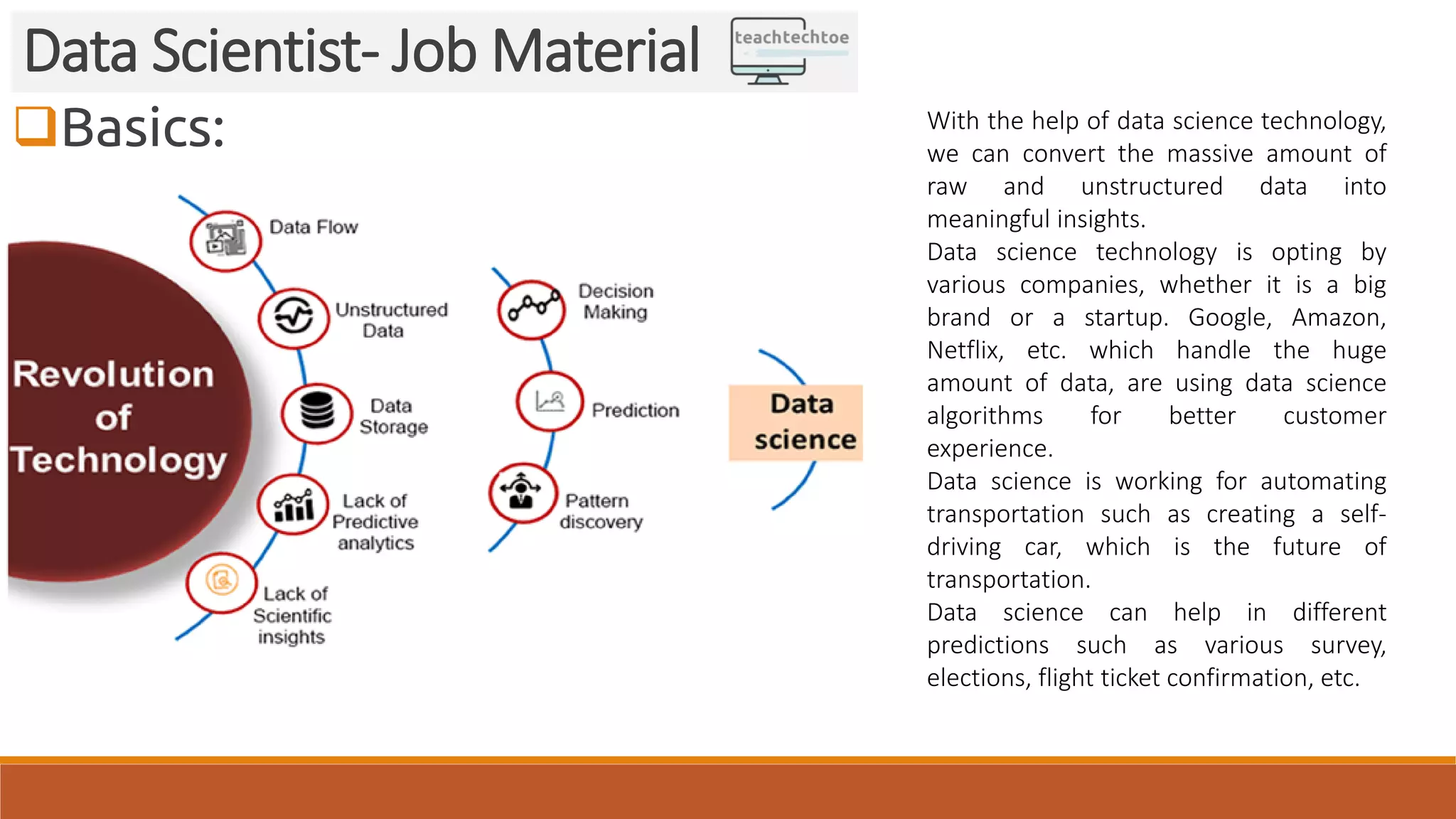 Basics:
Data Scientist- Job Material
With the help of data science technology,
we can convert the massive amount of
raw and unstructured data into
meaningful insights.
Data science technology is opting by
various companies, whether it is a big
brand or a startup. Google, Amazon,
Netflix, etc. which handle the huge
amount of data, are using data science
algorithms for better customer
experience.
Data science is working for automating
transportation such as creating a self-
driving car, which is the future of
transportation.
Data science can help in different
predictions such as various survey,
elections, flight ticket confirmation, etc.
 
