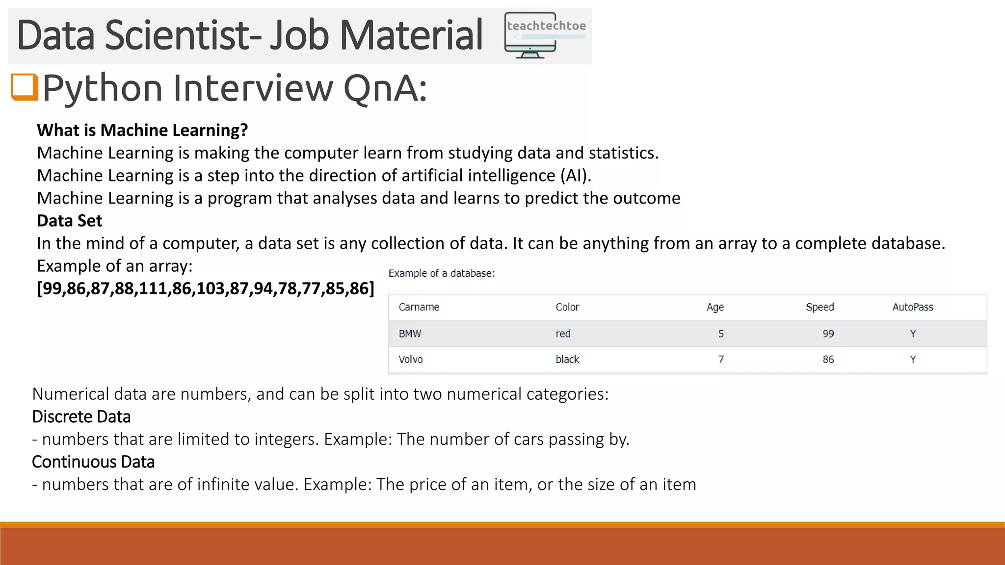 Python Interview QnA:
Data Scientist- Job Material
What is Machine Learning?
Machine Learning is making the computer learn from studying data and statistics.
Machine Learning is a step into the direction of artificial intelligence (AI).
Machine Learning is a program that analyses data and learns to predict the outcome
Data Set
In the mind of a computer, a data set is any collection of data. It can be anything from an array to a complete database.
Example of an array:
[99,86,87,88,111,86,103,87,94,78,77,85,86]
Numerical data are numbers, and can be split into two numerical categories:
Discrete Data
- numbers that are limited to integers. Example: The number of cars passing by.
Continuous Data
- numbers that are of infinite value. Example: The price of an item, or the size of an item
 
