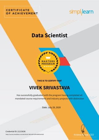 Has successfully graduated with the program having completed all
mandated course requirements and industry projects with distinction
Date: July 29, 2020
VIVEK SRIVASTAVA
Data Scientist
THIS IS TO CERTIFY THAT
Credential ID: 21215636
https://success.simplilearn.com/eb145cb9-78b9-4af3-b3f4-80fdf2a542d6
 