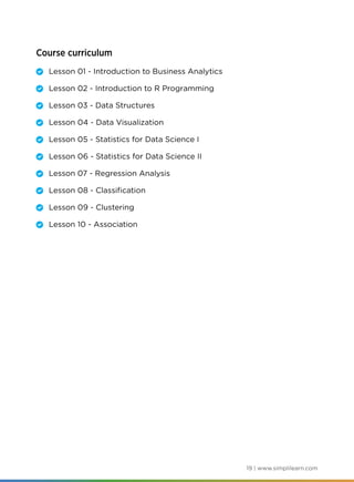 19 | www.simplilearn.com
Course curriculum
	 Lesson 01 - Introduction to Business Analytics
	 Lesson 02 - Introduction to R Programming
	 Lesson 03 - Data Structures
	 Lesson 04 - Data Visualization
	 Lesson 05 - Statistics for Data Science I
	 Lesson 06 - Statistics for Data Science II
	 Lesson 07 - Regression Analysis
	 Lesson 08 - Classification
	 Lesson 09 - Clustering
	 Lesson 10 - Association
 