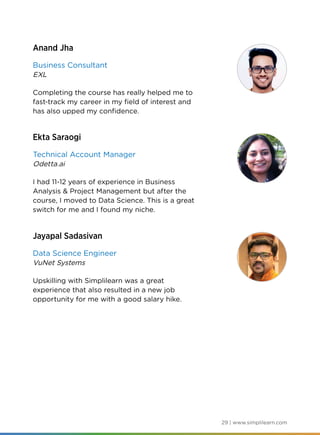 29 | www.simplilearn.com
Anand Jha
Business Consultant
EXL
Completing the course has really helped me to
fast-track my career in my field of interest and
has also upped my confidence.
Ekta Saraogi
Technical Account Manager
Odetta.ai
I had 11-12 years of experience in Business
Analysis & Project Management but after the
course, I moved to Data Science. This is a great
switch for me and I found my niche.
Jayapal Sadasivan
Data Science Engineer
VuNet Systems
Upskilling with Simplilearn was a great
experience that also resulted in a new job
opportunity for me with a good salary hike.
 