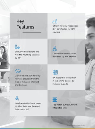 4 | www.simplilearn.com
Obtain industry-recognized
IBM certificates for IBM
courses
Exclusive Hackathons and
Ask-Me-Anything sessions
by IBM
Live-online Masterclasses
delivered by IBM experts
Capstone and 25+ industry-
relevant projects from the
likes of Amazon, Walmart
and Comcast
8X higher live interaction
in live online classes by
industry experts
Key
Features
LevelUp session by Andrew
McAfee, Principal Research
Scientist at MIT
Top-notch curriculum with
integrated labs
 