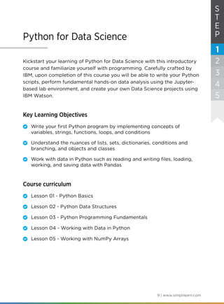 9 | www.simplilearn.com
S
T
E
P
1
2
3
4
Python for Data Science
Kickstart your learning of Python for Data Science with this introductory
course and familiarize yourself with programming. Carefully crafted by
IBM, upon completion of this course you will be able to write your Python
scripts, perform fundamental hands-on data analysis using the Jupyter-
based lab environment, and create your own Data Science projects using
IBM Watson.
Key Learning Objectives
	 Write your first Python program by implementing concepts of
variables, strings, functions, loops, and conditions
	 Understand the nuances of lists, sets, dictionaries, conditions and
branching, and objects and classes
	 Work with data in Python such as reading and writing files, loading,
working, and saving data with Pandas
Course curriculum
	 Lesson 01 - Python Basics
	 Lesson 02 - Python Data Structures
	 Lesson 03 - Python Programming Fundamentals
	 Lesson 04 - Working with Data in Python
	 Lesson 05 - Working with NumPy Arrays
5
 