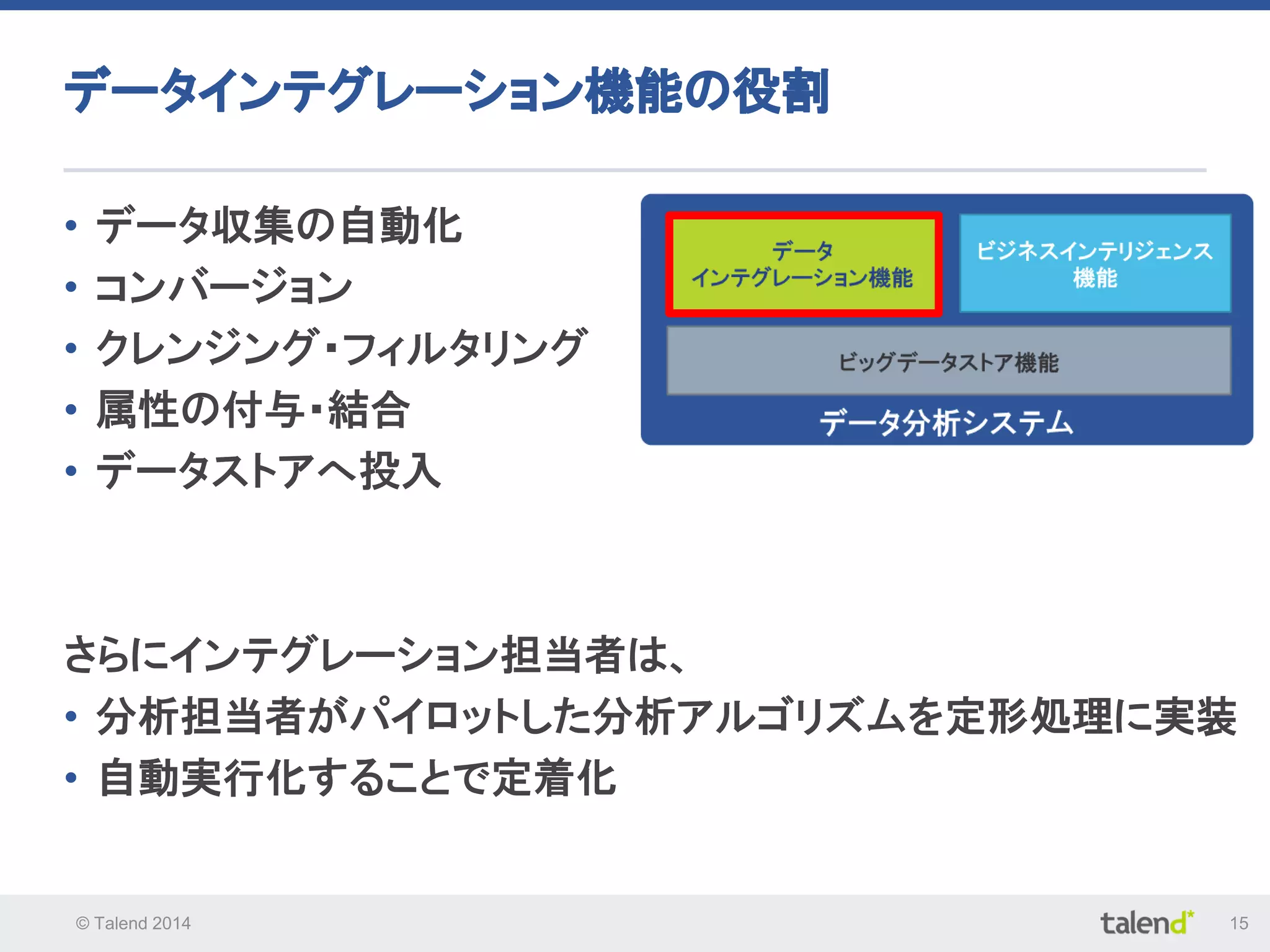 © Talend 2014 15
データインテグレーション機能の役割
• データ収集の自動化
• コンバージョン
• クレンジング・フィルタリング
• 属性の付与・結合
• データストアへ投入
さらにインテグレーション担当者は、
• 分析担当者がパイロットした分析アルゴリズムを定形処理に実装
• 自動実行化することで定着化
 