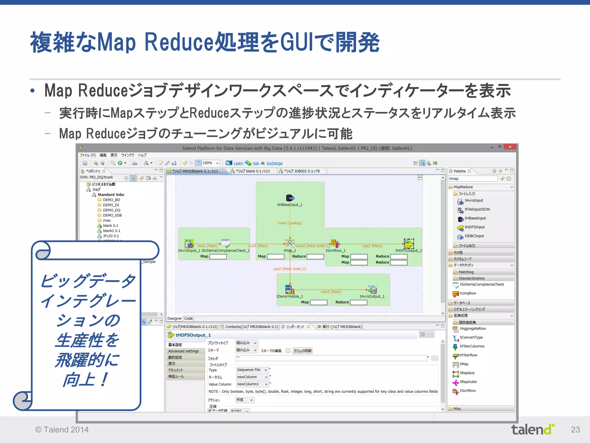 © Talend 2014 23
複雑なMap Reduce処理をGUIで開発
• Map Reduceジョブデザインワークスペースでインディケーターを表示
- 実行時にMapステップとReduceステップの進捗状況とステータスをリアルタイム表示
- Map Reduceジョブのチューニングがビジュアルに可能
ビッグデータ
インテグレー
ションの
生産性を
飛躍的に
向上！
 