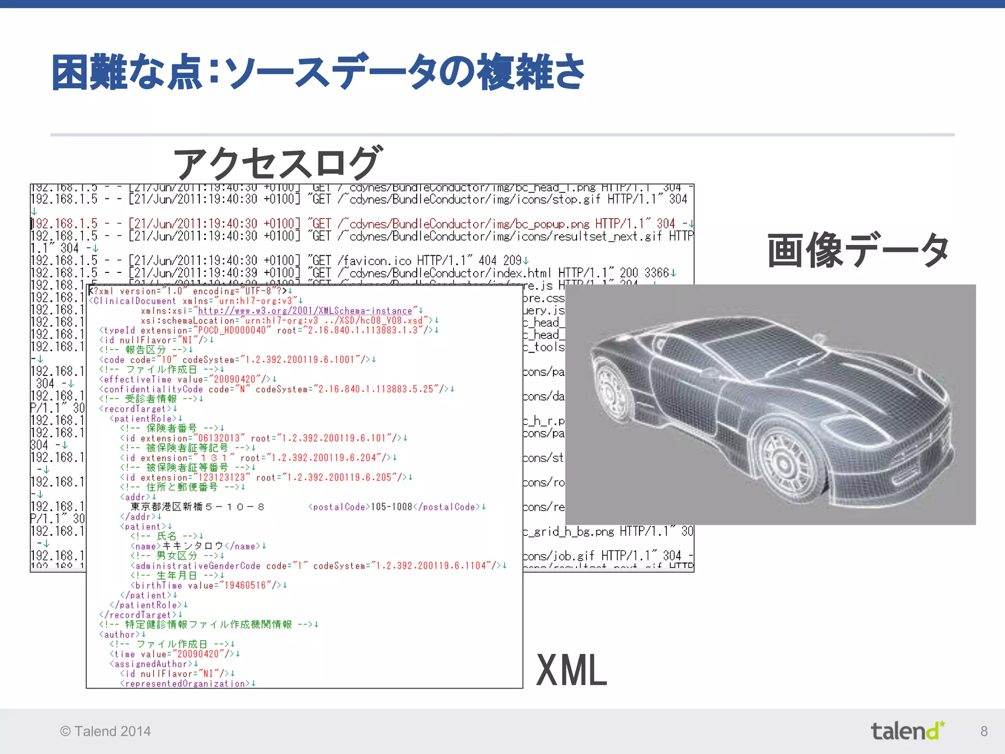 © Talend 2014 8
困難な点：ソースデータの複雑さ
アクセスログ
XML
画像データ
 