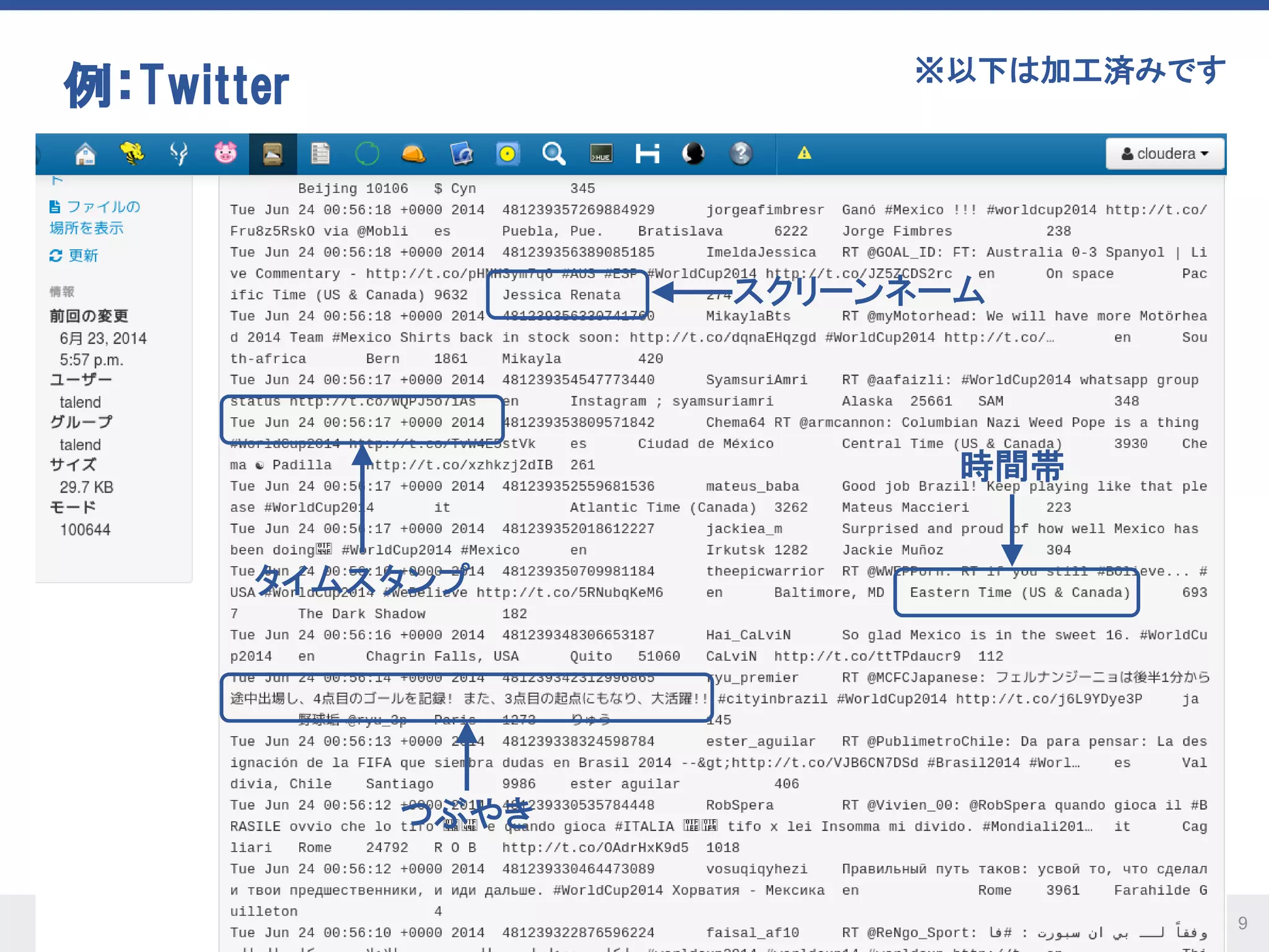 © Talend 2014 9
例：Twitter
タイムスタンプ
スクリーンネーム
時間帯
つぶやき
※以下は加工済みです
 