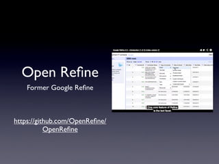 Open Reﬁne
    Former Google Reﬁne



https://github.com/OpenReﬁne/
           OpenReﬁne
 
