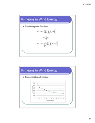3/22/2012
13
K-means in Wind Energy
 Clustering cost function
2
1
1
( , , )
j i
k
j i
i C
d k
n  
 
  
 
 
 x
x c x c
1
k
i
i
n m

 
21 k  
  1
1
1
( , , )
j i
j ik
i C
i
i
d k
m  

  
 
 
 
 x
x c x c
K-means in Wind Energy
 Determination of k value
0 02
0.03
0.04
0.05
0.06
0.07
0.08
0.09
Costofclustering
0
0.01
0.02
2 3 4 5 6 7 8 9 10 11 12 13
Numberof clusters
 