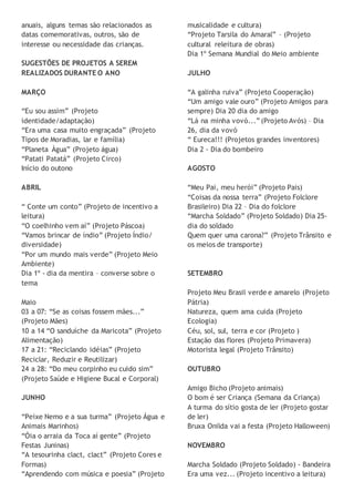 anuais, alguns temas são relacionados as
datas comemorativas, outros, são de
interesse ou necessidade das crianças.
SUGESTÕES DE PROJETOS A SEREM
REALIZADOS DURANTE O ANO
MARÇO
“Eu sou assim” (Projeto
identidade/adaptação)
“Era uma casa muito engraçada” (Projeto
Tipos de Moradias, lar e família)
“Planeta Àgua” (Projeto água)
“Patati Patatá” (Projeto Circo)
Início do outono
ABRIL
“ Conte um conto” (Projeto de incentivo a
leitura)
“O coelhinho vem aí” (Projeto Páscoa)
“Vamos brincar de índio” (Projeto Índio/
diversidade)
“Por um mundo mais verde” (Projeto Meio
Ambiente)
Dia 1º - dia da mentira – converse sobre o
tema
Maio
03 a 07: “Se as coisas fossem mães...”
(Projeto Mães)
10 a 14 “O sanduíche da Maricota” (Projeto
Alimentação)
17 a 21: “Reciclando idéias” (Projeto
Reciclar, Reduzir e Reutilizar)
24 a 28: “Do meu corpinho eu cuido sim”
(Projeto Saúde e Higiene Bucal e Corporal)
JUNHO
“Peixe Nemo e a sua turma” (Projeto Água e
Animais Marinhos)
“Óia o arraia da Toca aí gente” (Projeto
Festas Juninas)
“A tesourinha clact, clact” (Projeto Cores e
Formas)
“Aprendendo com música e poesia” (Projeto
musicalidade e cultura)
“Projeto Tarsila do Amaral” – (Projeto
cultural releitura de obras)
Dia 1º Semana Mundial do Meio ambiente
JULHO
“A galinha ruiva” (Projeto Cooperação)
“Um amigo vale ouro” (Projeto Amigos para
sempre) Dia 20 dia do amigo
“Lá na minha vovó...” (Projeto Avós) – Dia
26, dia da vovó
“ Eureca!!! (Projetos grandes inventores)
Dia 2 - Dia do bombeiro
AGOSTO
“Meu Pai, meu herói” (Projeto Pais)
“Coisas da nossa terra” (Projeto Folclore
Brasileiro) Dia 22 – Dia do folclore
“Marcha Soldado” (Projeto Soldado) Dia 25-
dia do soldado
Quem quer uma carona?” (Projeto Trânsito e
os meios de transporte)
SETEMBRO
Projeto Meu Brasil verde e amarelo (Projeto
Pátria)
Natureza, quem ama cuida (Projeto
Ecologia)
Céu, sol, sul, terra e cor (Projeto )
Estação das flores (Projeto Primavera)
Motorista legal (Projeto Trânsito)
OUTUBRO
Amigo Bicho (Projeto animais)
O bom é ser Criança (Semana da Criança)
A turma do sítio gosta de ler (Projeto gostar
de ler)
Bruxa Onilda vai a festa (Projeto Halloween)
NOVEMBRO
Marcha Soldado (Projeto Soldado) - Bandeira
Era uma vez... (Projeto incentivo a leitura)
 