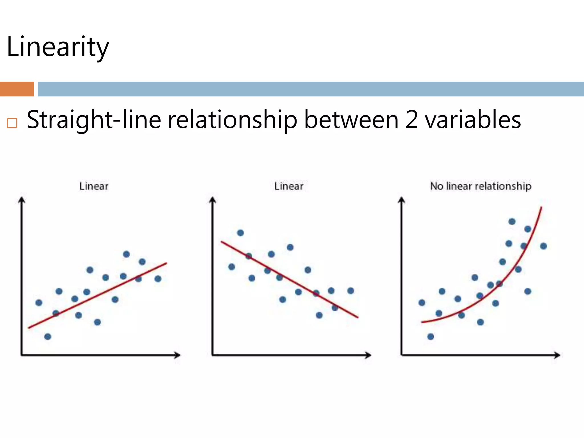 Linearity
 Straight-line relationship between 2 variables
 