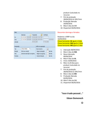 Descontar domingo e feriados
Rodamos o MRP no dia
16/03/2016
Chave horizonte: HL igual a 4 dias
1. Liberação 06/04/2016
2. Mais 4 dias de HL
3. Início 11/04/2016
4. Mais 11,43 dias para
produzir (calculado no
recurso)
5. Fim da produção
25/04/2016 às 10h17min
6. Produção liberada
26/04/2016
7. Mais 5 dias de EM
8. Disponível 02/05/2016
Descontar domingo e feriados
Rodamos o MRP no dia
16/03/2016
Chave horizonte: HL igual a 4 dias
Chave horizonte: MA igual a 3 dias
1. Liberação 06/04/2016
2. Mais 3 dias de MA
3. Nova Liberação
09/04/2016
4. Mais 4 dias de HL
5. Início 14/04/2016
6. Mais 11,43 dias para
produzir (calculado no
recurso)
7. Fim da produção
28/04/2016 às 10h17min
8. Produção liberada
29/04/2016
9. Mais 5 dias de EM
10. Disponível 04/05/2016
 