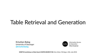 Table Retrieval and Genera/on
Krisz/an Balog
University of Stavanger 
@krisz'anbalog
Informa/on Access  
& Interac/on
h@p://iai.group
SIGIR’18 workshop on Data Search (DATA:SEARCH’18) | Ann Arbor, Michigan, USA, July 2018
 