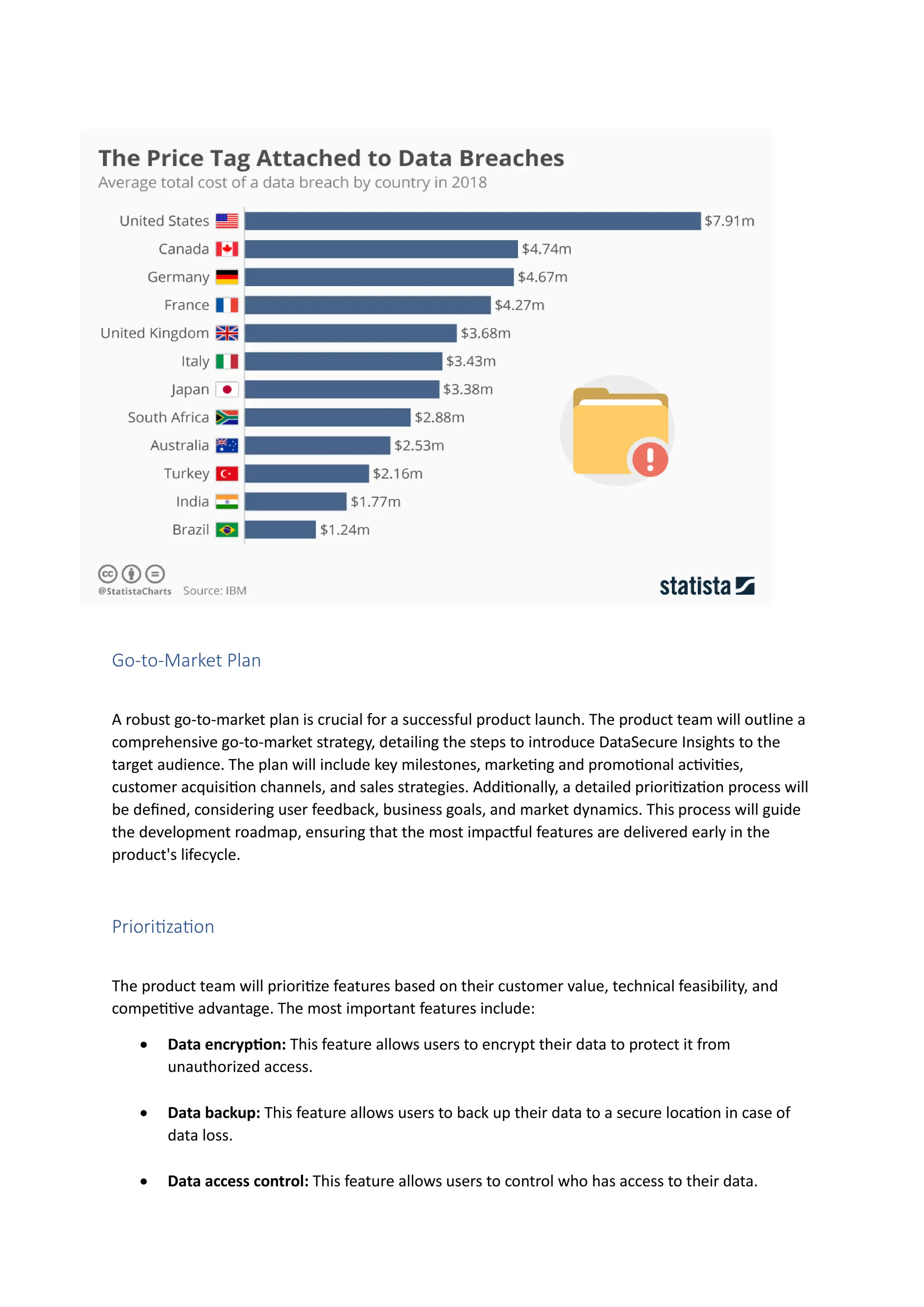 Go-to-Market Plan
A robust go-to-market plan is crucial for a successful product launch. The product team will outline a
comprehensive go-to-market strategy, detailing the steps to introduce DataSecure Insights to the
target audience. The plan will include key milestones, marketing and promotional activities,
customer acquisition channels, and sales strategies. Additionally, a detailed prioritization process will
be defined, considering user feedback, business goals, and market dynamics. This process will guide
the development roadmap, ensuring that the most impactful features are delivered early in the
product's lifecycle.
Prioritization
The product team will prioritize features based on their customer value, technical feasibility, and
competitive advantage. The most important features include:
• Data encryption: This feature allows users to encrypt their data to protect it from
unauthorized access.
• Data backup: This feature allows users to back up their data to a secure location in case of
data loss.
• Data access control: This feature allows users to control who has access to their data.
 