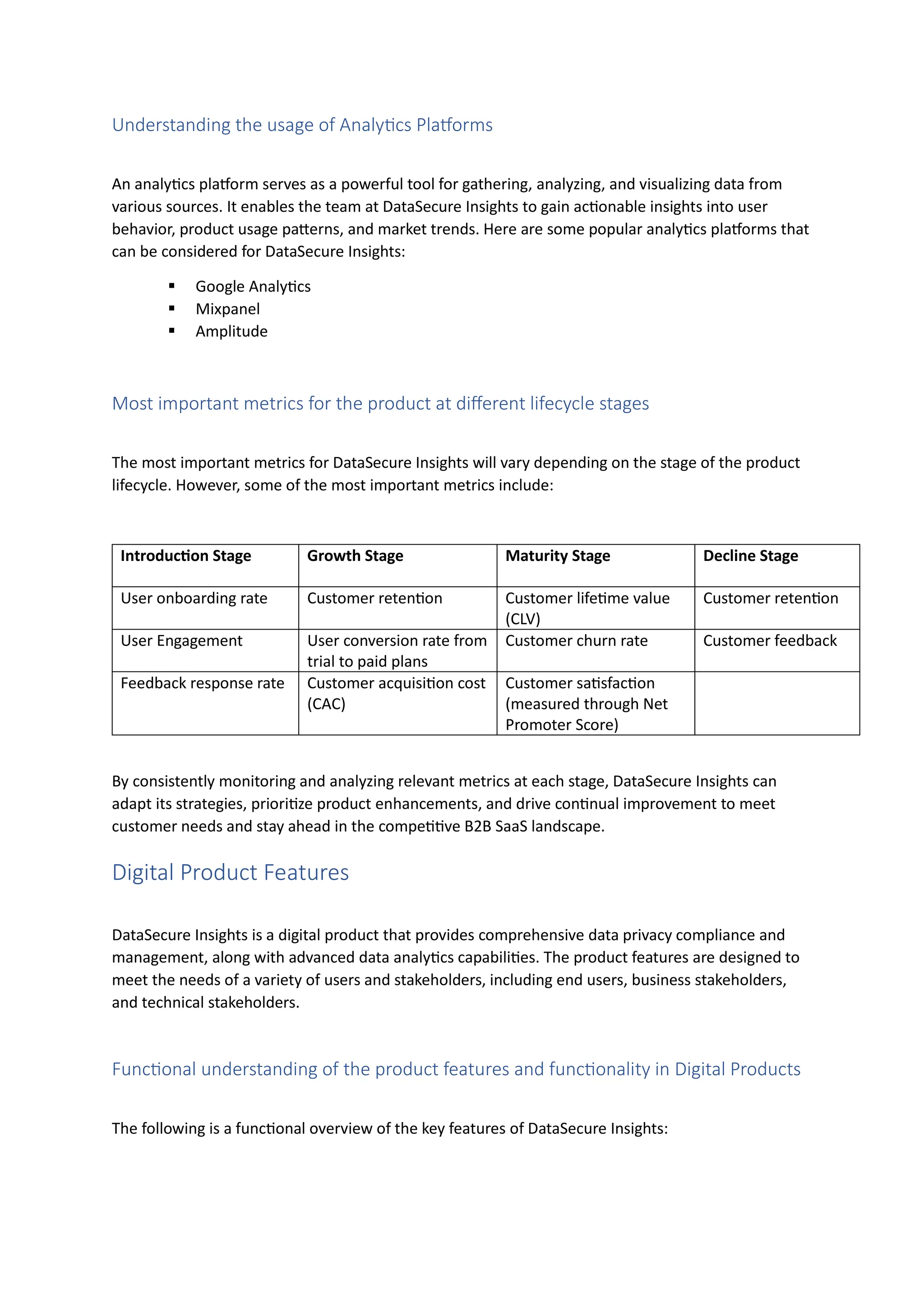 Understanding the usage of Analytics Platforms
An analytics platform serves as a powerful tool for gathering, analyzing, and visualizing data from
various sources. It enables the team at DataSecure Insights to gain actionable insights into user
behavior, product usage patterns, and market trends. Here are some popular analytics platforms that
can be considered for DataSecure Insights:
▪ Google Analytics
▪ Mixpanel
▪ Amplitude
Most important metrics for the product at different lifecycle stages
The most important metrics for DataSecure Insights will vary depending on the stage of the product
lifecycle. However, some of the most important metrics include:
Introduction Stage Growth Stage Maturity Stage Decline Stage
User onboarding rate Customer retention Customer lifetime value
(CLV)
Customer retention
User Engagement User conversion rate from
trial to paid plans
Customer churn rate Customer feedback
Feedback response rate Customer acquisition cost
(CAC)
Customer satisfaction
(measured through Net
Promoter Score)
By consistently monitoring and analyzing relevant metrics at each stage, DataSecure Insights can
adapt its strategies, prioritize product enhancements, and drive continual improvement to meet
customer needs and stay ahead in the competitive B2B SaaS landscape.
Digital Product Features
DataSecure Insights is a digital product that provides comprehensive data privacy compliance and
management, along with advanced data analytics capabilities. The product features are designed to
meet the needs of a variety of users and stakeholders, including end users, business stakeholders,
and technical stakeholders.
Functional understanding of the product features and functionality in Digital Products
The following is a functional overview of the key features of DataSecure Insights:
 