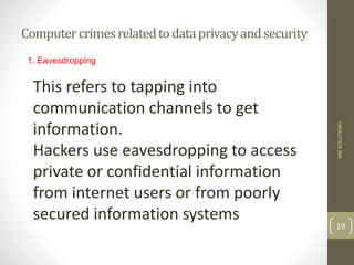 Computercrimesrelatedtodataprivacyandsecurity
MK
SOLUTIONS
19
1. Eavesdropping
This refers to tapping into
communication channels to get
information.
Hackers use eavesdropping to access
private or confidential information
from internet users or from poorly
secured information systems
 