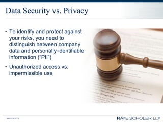 Data Security vs. Privacy

• To identify and protect against
  your risks, you need to
  distinguish between company
  data and personally identifiable
  information (“PII”)
• Unauthorized access vs.
  impermissible use




60414334.PPTX
 