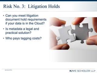 Risk No. 3: Litigation Holds
• Can you meet litigation
  document hold requirements
  if your data is in the Cloud?
• Is metadata a legal and
  practical solution?
• Who pays tagging costs?




 60350343.PPTX
 