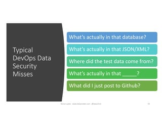 Typical
DevOps Data
Security
Misses
18
What’s actually in that database?
What’s actually in that JSON/XML?
Where did the test data come from?
What’s actually in that _____?
What did I just post to Github?
Karen Lopez - www.datamodel.com - @datachick
 