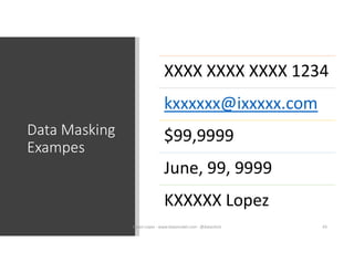 Data Masking
Exampes
XXXX XXXX XXXX 1234
kxxxxxx@ixxxxx.com
$99,9999
June, 99, 9999
KXXXXX Lopez
43Karen Lopez - www.datamodel.com - @datachick
 