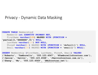 Privacy - Dynamic Data Masking
CREATE TABLE Membership(
MemberID int IDENTITY PRIMARY KEY,
FirstName varchar(100) MASKED WITH (FUNCTION =
'partial(1,"XXXXXXX",0)') NULL,
LastName varchar(100) NOT NULL,
Phone# varchar(12) MASKED WITH (FUNCTION = 'default()') NULL,
Email varchar(100) MASKED WITH (FUNCTION = 'email()') NULL);
INSERT Membership (FirstName, LastName, Phone#, Email) VALUES
('Roberto', 'Tamburello', '555.123.4567', 'RTamburello@contoso.com'),
('Janice', 'Galvin', '555.123.4568', 'JGalvin@contoso.com.co'),
('Zheng', 'Mu', '555.123.4569', 'ZMu@contoso.net');
44Karen Lopez - www.datamodel.com - @datachick
 