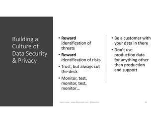 Building a
Culture of
Data Security
& Privacy
• Reward
identification of
threats
• Reward
identification of risks
• Trust, but always cut
the deck
• Monitor, test,
monitor, test,
monitor…
• Be a customer with
your data in there
• Don’t use
production data
for anything other
than production
and support
68Karen Lopez - www.datamodel.com - @datachick
 