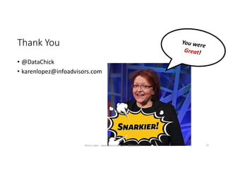 Thank You
• @DataChick
• karenlopez@infoadvisors.com
75Karen Lopez - www.datamodel.com - @datachick
 