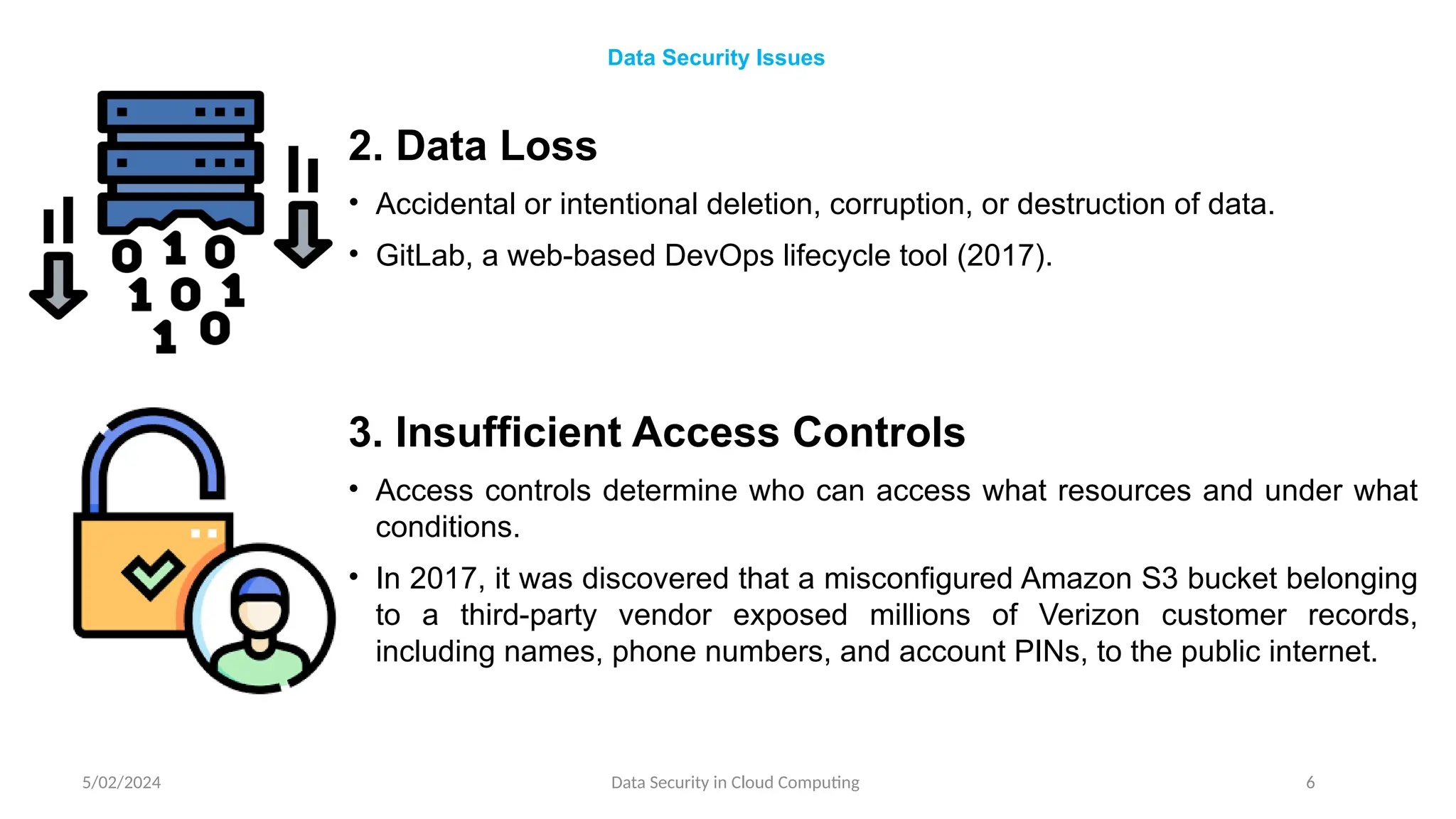 5/02/2024 Data Security in Cloud Computing 6
Data Security Issues
2. Data Loss
• Accidental or intentional deletion, corruption, or destruction of data.
• GitLab, a web-based DevOps lifecycle tool (2017).
3. Insufficient Access Controls
• Access controls determine who can access what resources and under what
conditions.
• In 2017, it was discovered that a misconfigured Amazon S3 bucket belonging
to a third-party vendor exposed millions of Verizon customer records,
including names, phone numbers, and account PINs, to the public internet.
 
