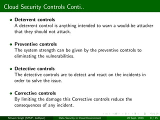 Cloud Security Controls Conti..
Deterrent controls
A deterrent control is anything intended to warn a would-be attacker
that they should not attack.
Preventive controls
The system strength can be given by the preventive controls to
eliminating the vulnerabilities.
Detective controls
The detective controls are to detect and react on the incidents in
order to solve the issue.
Corrective controls
By limiting the damage this Corrective controls reduce the
consequences of any incident.
Shivam Singh (SPUP, Jodhpur) Data Security in Cloud Environment 28 Sept. 2016 8 / 15
 