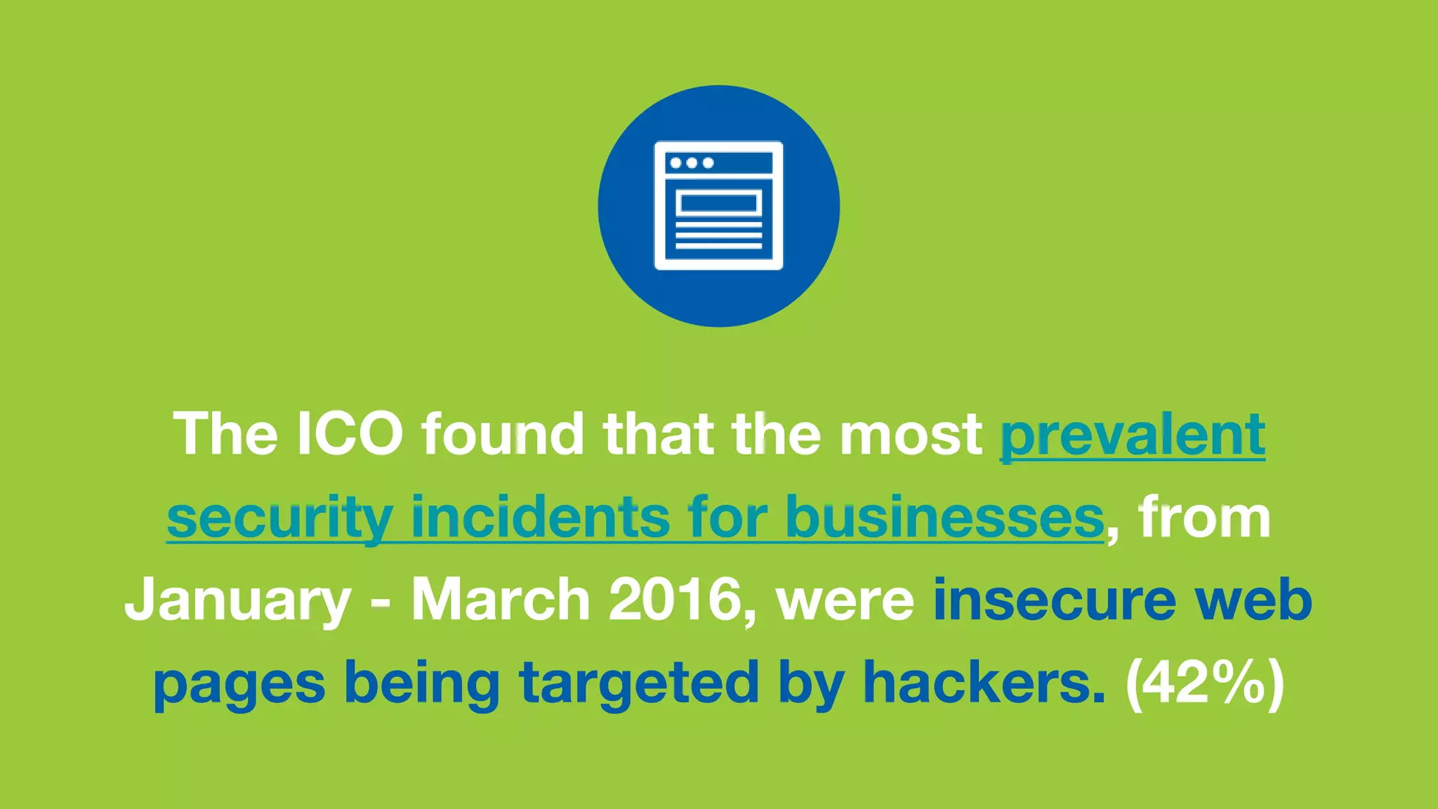 The ICO found that the most prevalent
security incidents for businesses, from
January - March 2016, were insecure web
pages being targeted by hackers. (42%)
 